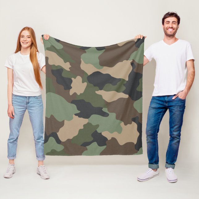 Camouflage Camo Khaki Green Tan Black Brown Fleece Blanket (In Situ)