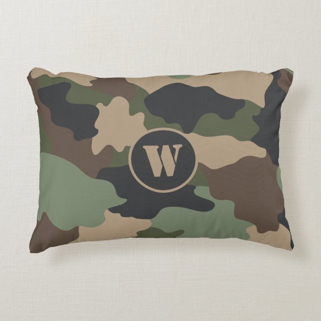 Camouflage Camo Military Khaki Green Tan Monogram Decorative Cushion (Front)