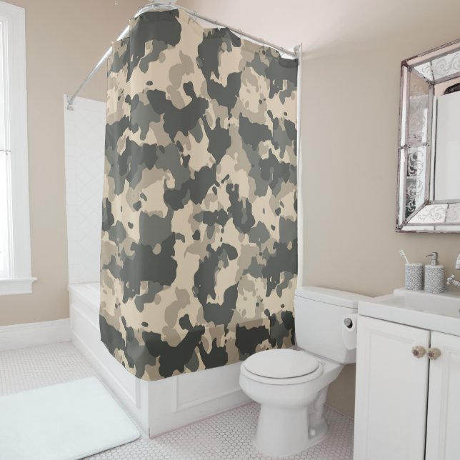 Camouflage Camo Tan Green Army Woodland Shower Curtain (In Situ)