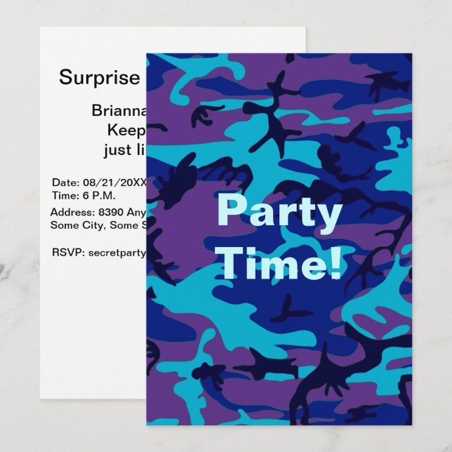 Camouflage Dark Blue & Purple Birthday Party Invitation (Front/Back)