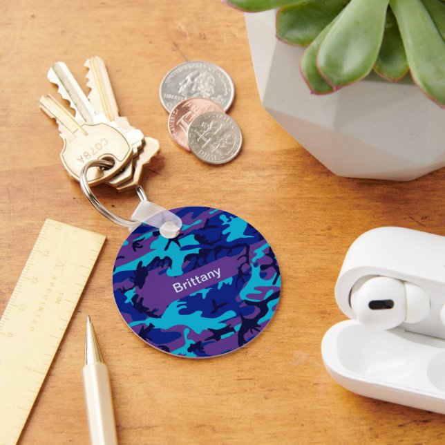 Camouflage Dark Blue & Purple Pattern Add Name Key Ring (Desk)