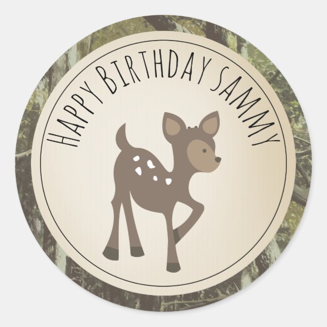 Camouflage Deer Birthday Classic Round Sticker (Front)