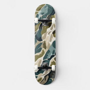 Camouflage design in greens and beige skateboard