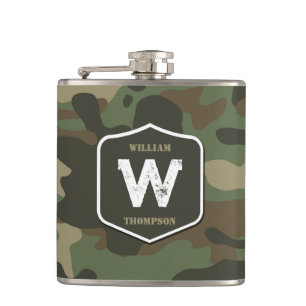 Camouflage Green Camo Army Pattern Monogram Hip Flask