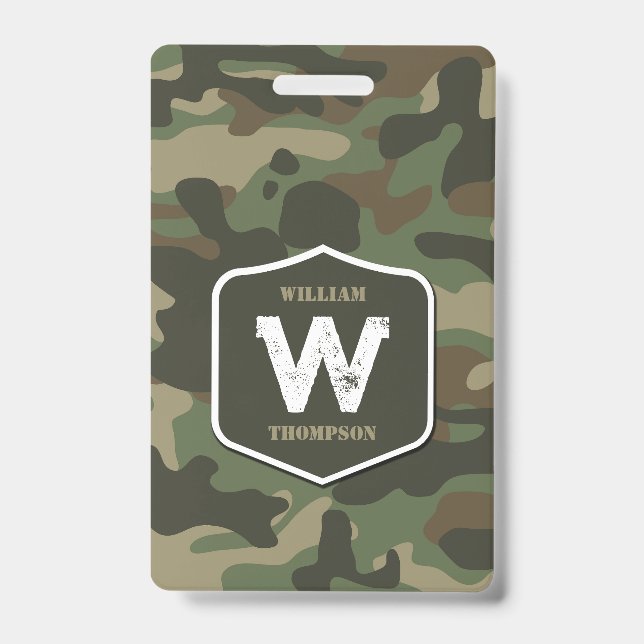 Camouflage Green Camo Army Pattern Monogram ID Badge (Front)