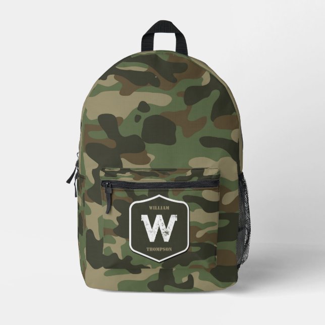 Camouflage Green Camo Army Pattern Monogram   Printed Backpack (Front)