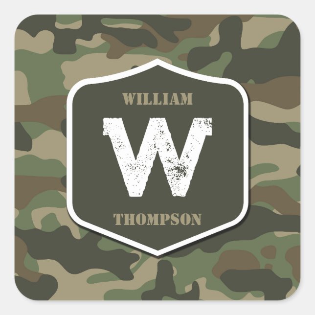 Camouflage Green Camo Army Pattern Monogram Square Sticker (Front)