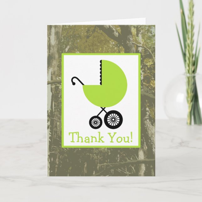 Camouflage & Green Carriage Baby Shower Thank You Card (Front)