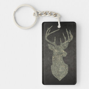 Camouflage Green Distressed Deer Silhouette Key Ring