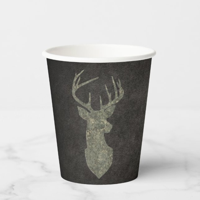 Camouflage Green Distressed Deer Silhouette Paper Cups (Front)
