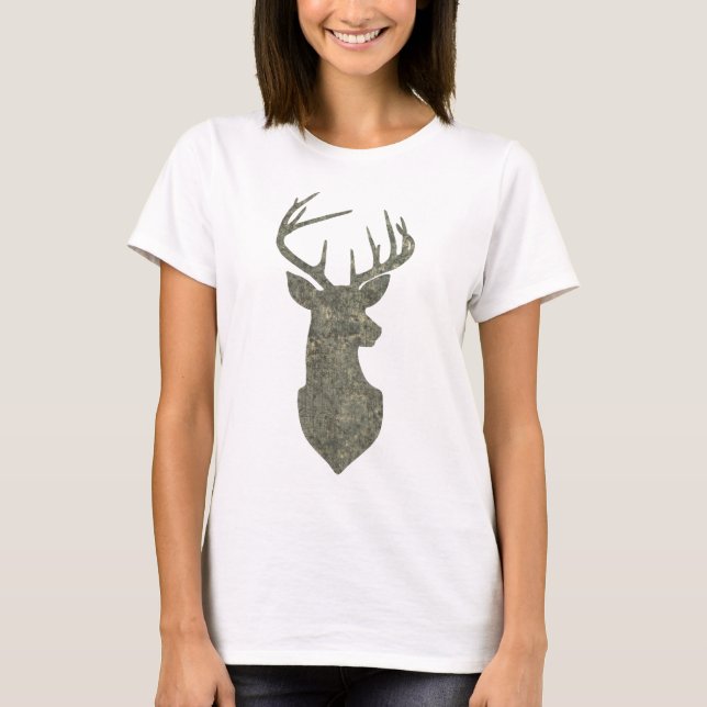 Camouflage Green Distressed Deer Silhouette T-Shirt (Front)