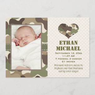 Camouflage Heart Baby Photo Birth Announcement