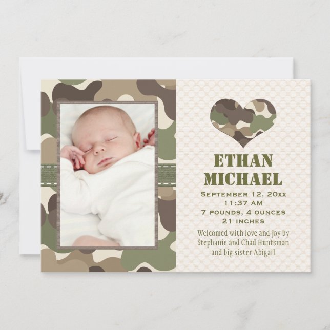 Camouflage Heart Baby Photo Birth Announcement (Front)