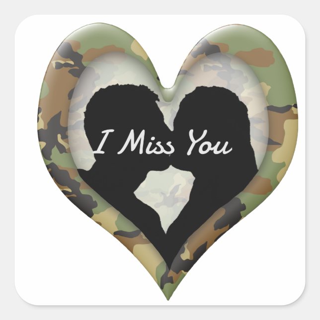 Camouflage Heart with Kissing Couple Miss You Square Sticker (Front)
