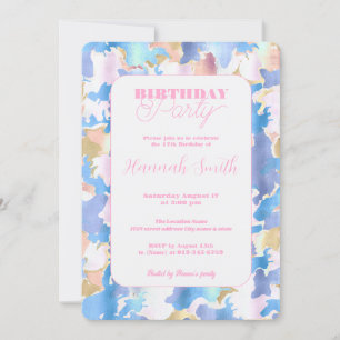 Camouflage Metallic Pink Blue Gold Abstract Invitation