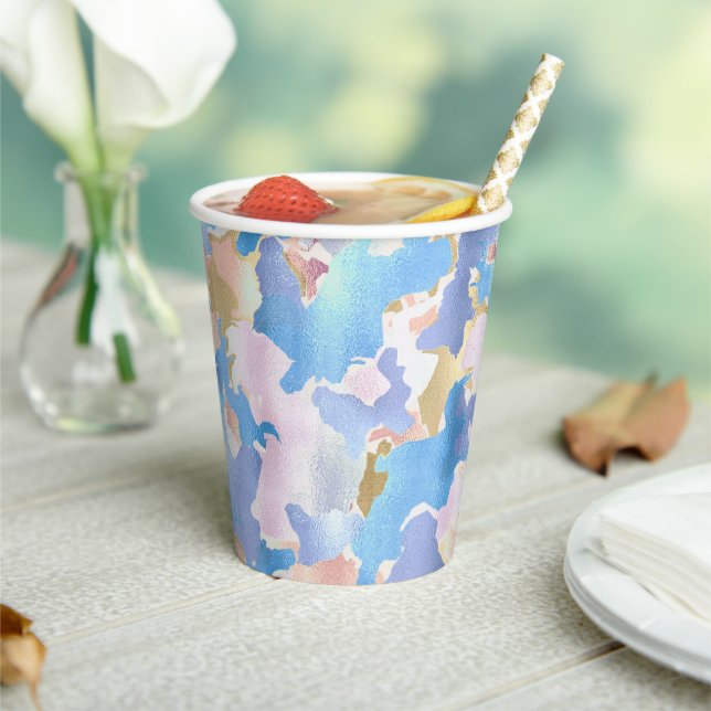 Camouflage Metallic Pink Blue Gold Abstract Paper Cups (Insitu)