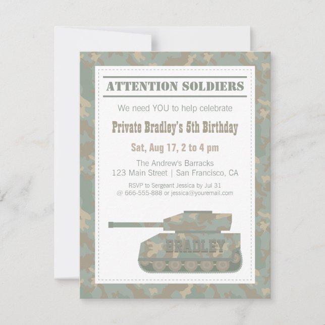 Camouflage Military Print Army Tank Birthday Party Invitation (Front)