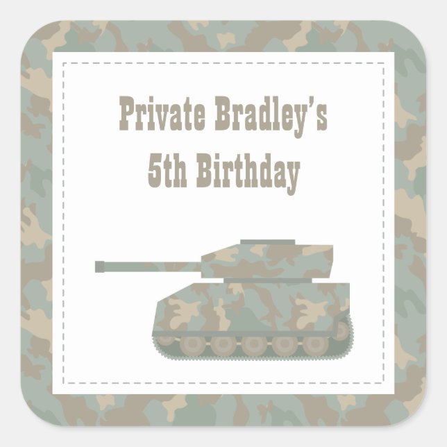 Camouflage Military Print Tank Army Birthday Party Square Sticker (Front)