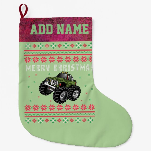 Camouflage Monster Truck Ugly Christmas Sweater Large Christmas Stocking (Front)