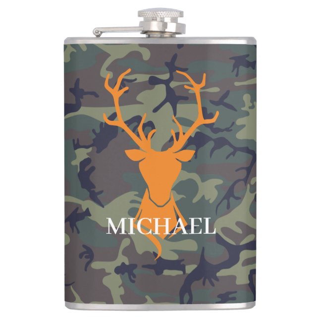 Camouflage Orange Deer Buck Hunting | Monogram Hip Flask (Front)