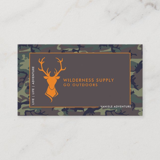 Camouflage Orange Deer Logo Outdoor Retail Business Card (Front)