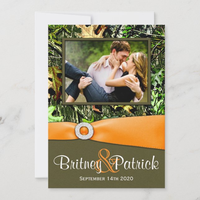 Camouflage Orange Hunting Camo Wedding Invitations (Front)