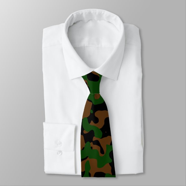 Camouflage Pattern in Dark Green, Brown, Black Tie (Tied)