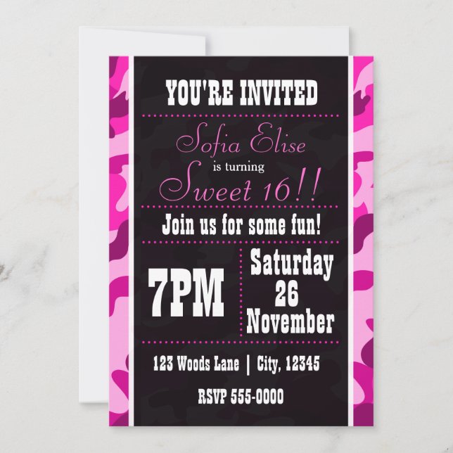 Camouflage Pink & Black Birthday Party Invitation (Front)