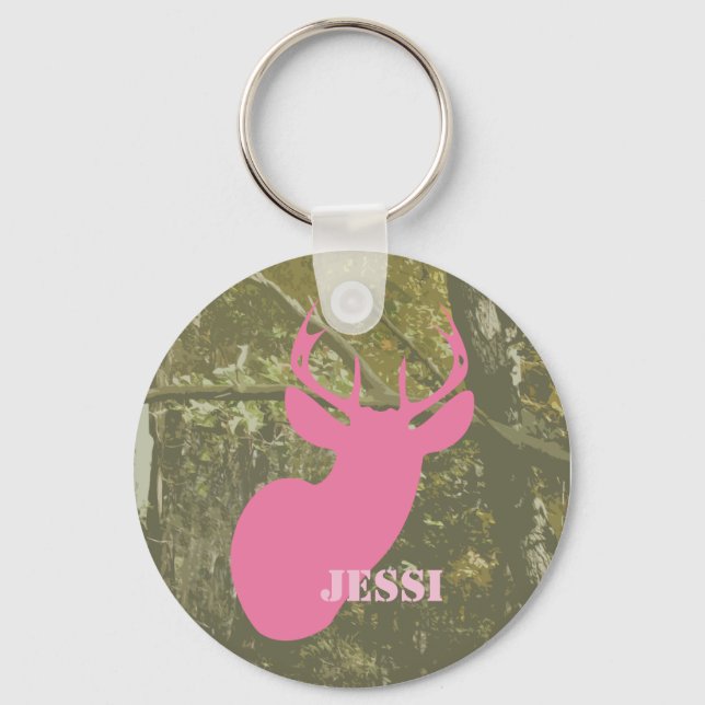 Camouflage & Pink Deer Head Personalised Keychain (Front)