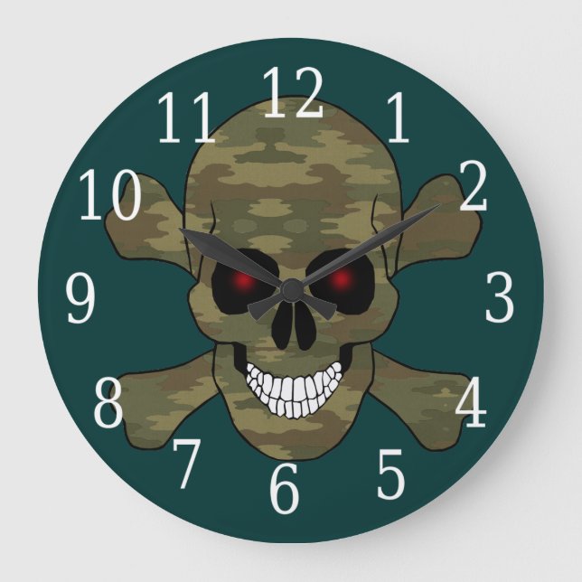 Camouflage Red Eyes Skull And Crossbones Clock (Front)