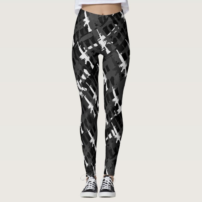 Camouflage Rifles Military Style Gun Black Camo  Leggings (Front)
