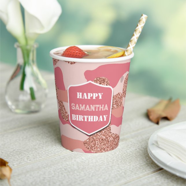 Camouflage Rose Gold Blush Pink Camo Army Birthday Paper Cups (Insitu)