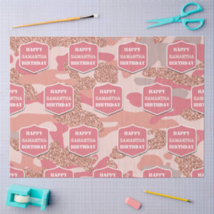Camouflage Rose Gold Blush Pink Camo Birthday Name Tissue Paper