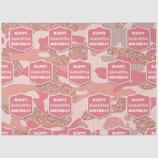 Camouflage Rose Gold Blush Pink Camo Birthday Name Tissue Paper (Front)