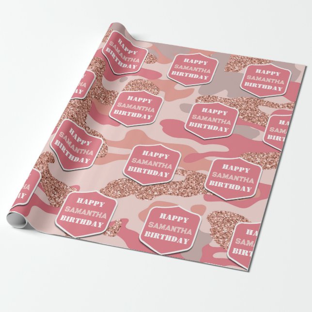 Camouflage Rose Gold Blush Pink Camo Birthday Name Wrapping Paper (Unrolled)
