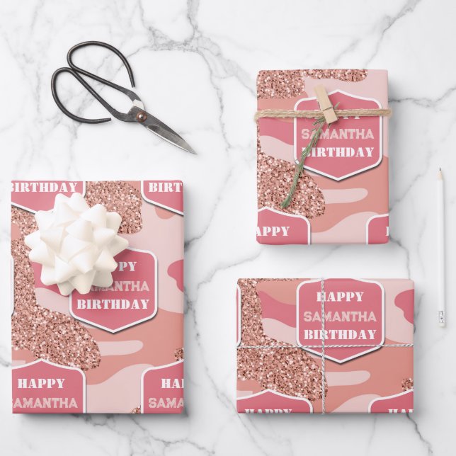 Camouflage Rose Gold Blush Pink Camo Birthday Name Wrapping Paper Sheet (Front)