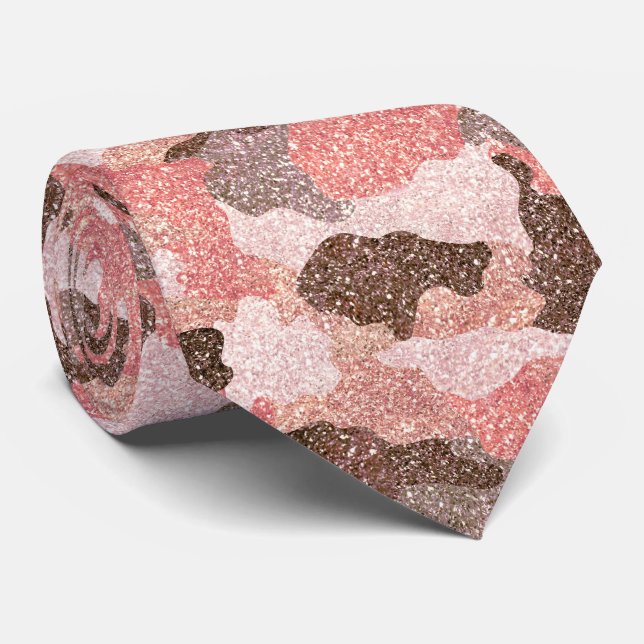 Camouflage Rose Gold Camo Glitter Glam Monogram Tie (Rolled)