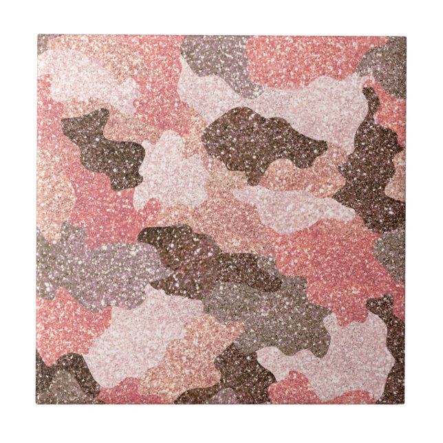 Camouflage Rose Gold Camo Glitter Glam Monogram Tile (Front)
