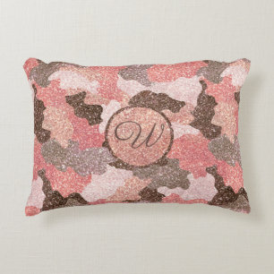 Camouflage Rose Gold Glitter Camo Script Monogram Decorative Cushion
