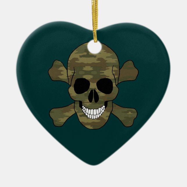 Camouflage Skull And Crossbones Heart Ornament (Front)