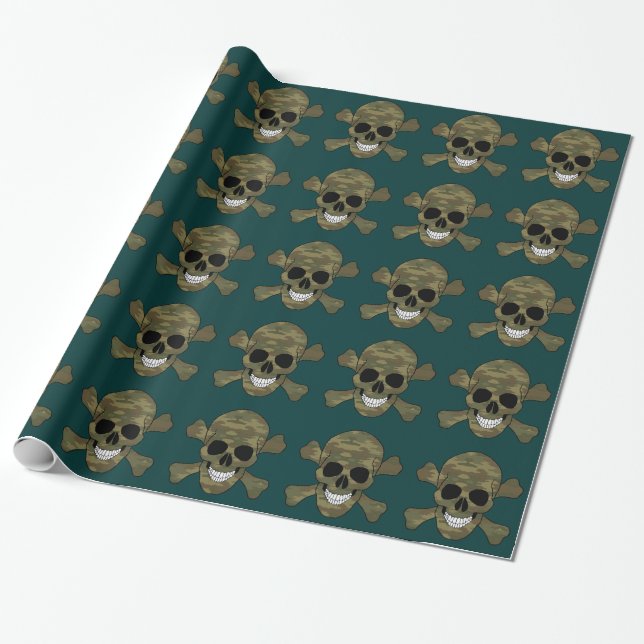 Camouflage Skull And Crossbones Wrapping Paper (Unrolled)