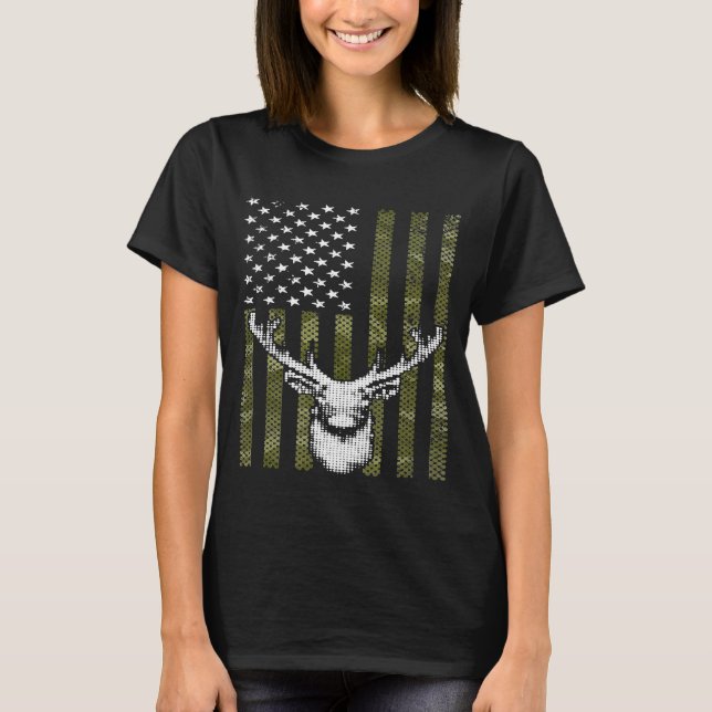 Camouflage Us Flag Deer Hunting Bow Hunter Tee Hun (Front)