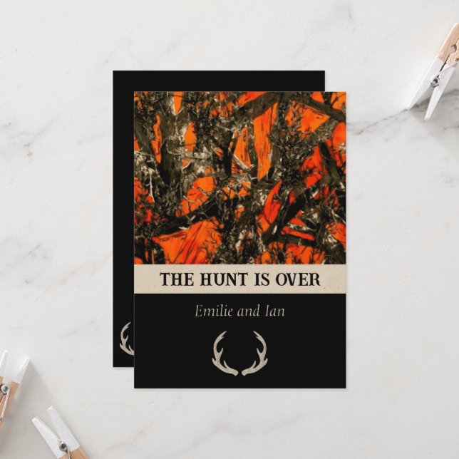 Camouflage Wedding Invitation with deer horns. (Front/Back In Situ)