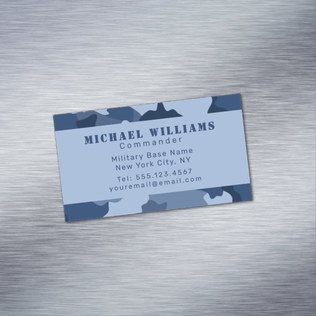 Camouflage Woodland Camo Blue Navy Monogram Magnetic Business Card (In Situ)