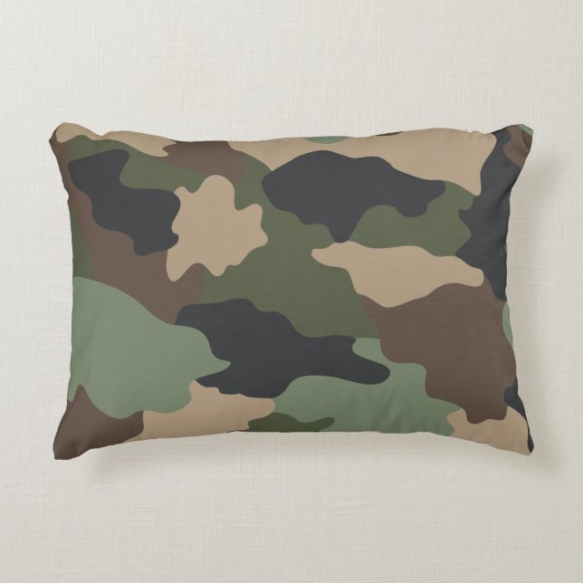 Camouflage Woodland Camo Khaki Green Tan Black Decorative Cushion (Front)