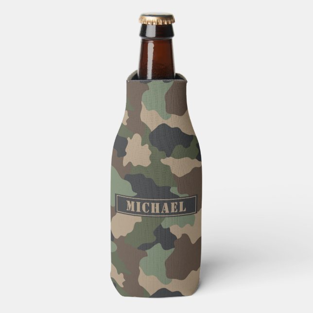 Camouflage Woodland Camo Khaki Tan Black Monogram Bottle Cooler (Bottle Front)