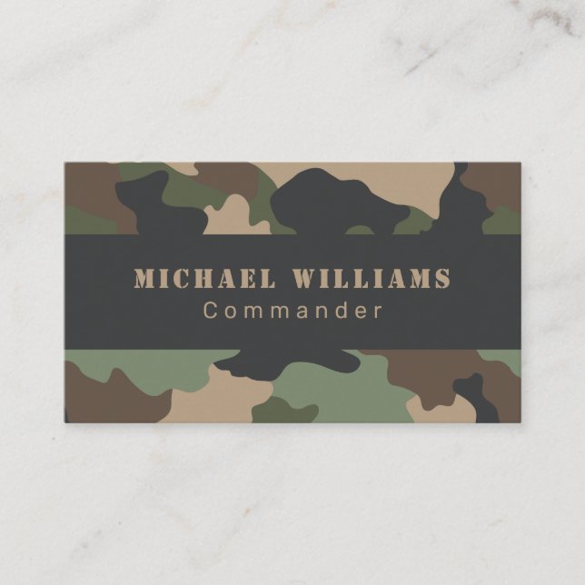Camouflage Woodland Camo Khaki Tan Black Monogram Business Card (Front)