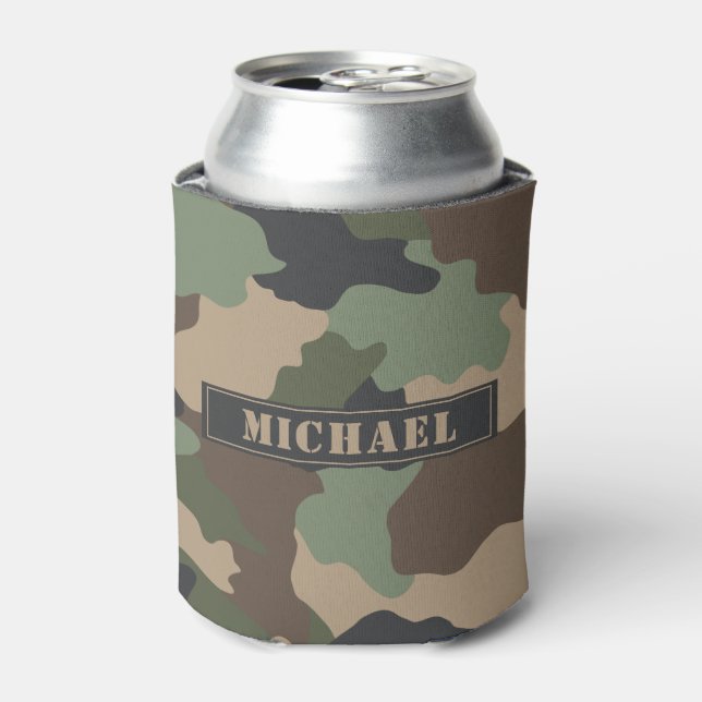 Camouflage Woodland Camo Khaki Tan Black Monogram Can Cooler (Can Front)
