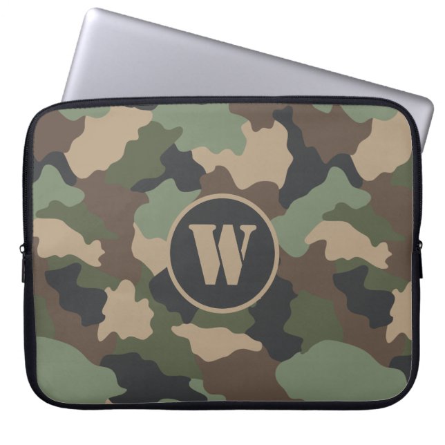 Camouflage Woodland Camo Khaki Tan Black Monogram Laptop Sleeve (Front)