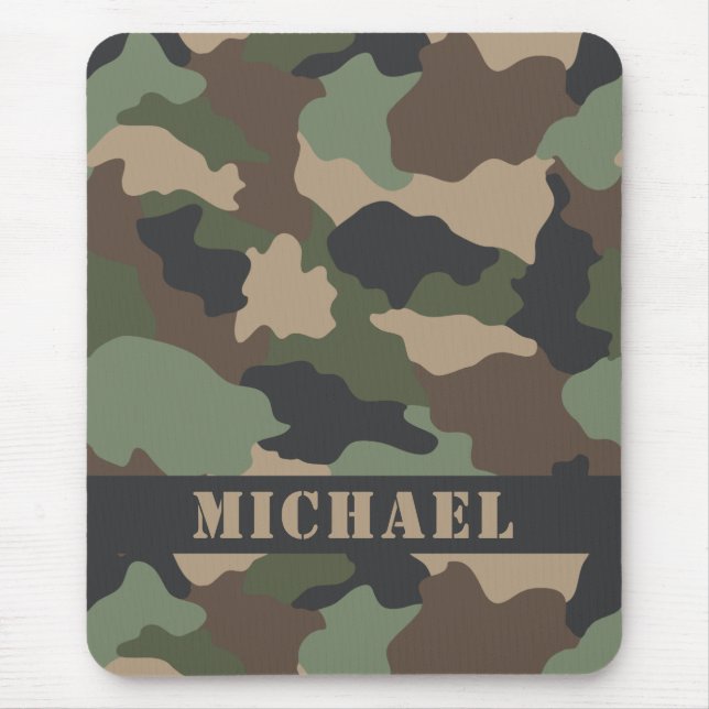 Camouflage Woodland Camo Khaki Tan Black Monogram Mouse Mat (Front)